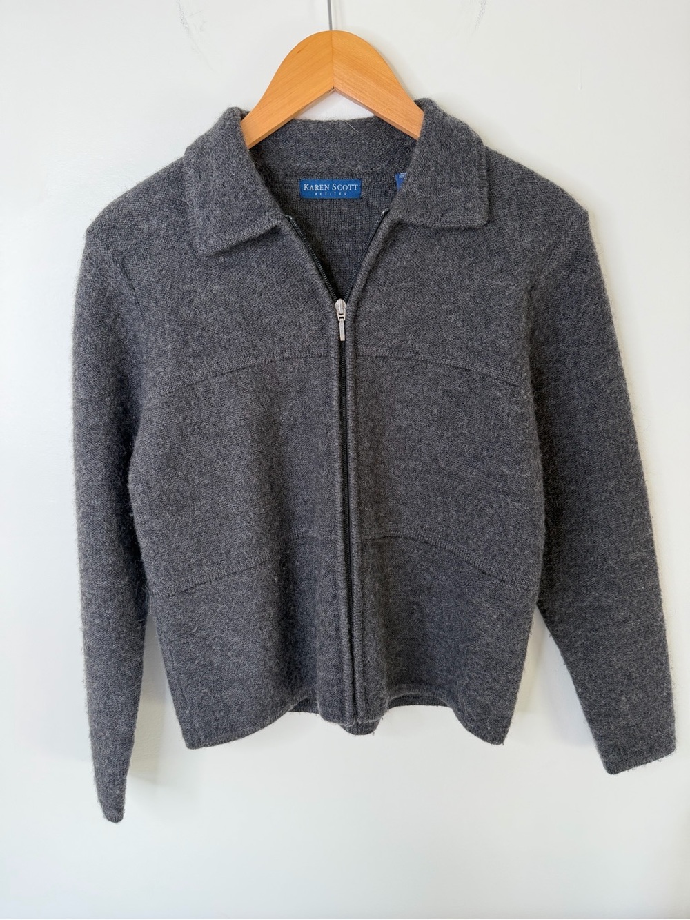 Karen Scott Petites Women’s M Gray Wool Blend Full Zip Collared Cardigan Sweater